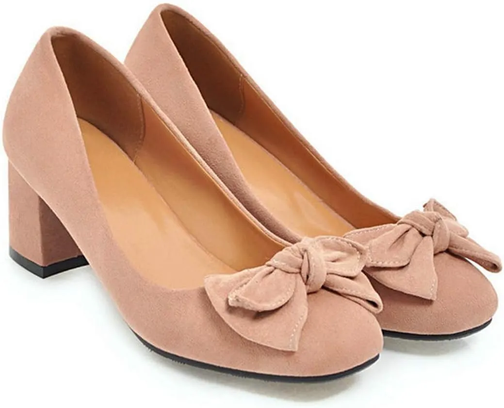 VOKLIN Women's Pointed Toe Bow Dress Pumps Suede Slip On Comfort Chunky Block Mid Heels Work Office Shoes