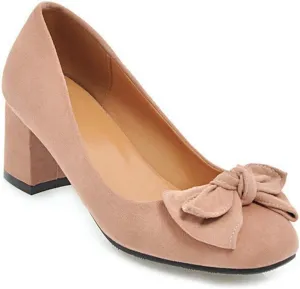 VOKLIN Women's Pointed Toe Bow Dress Pumps Suede Slip On Comfort Chunky Block Mid Heels Work Office Shoes