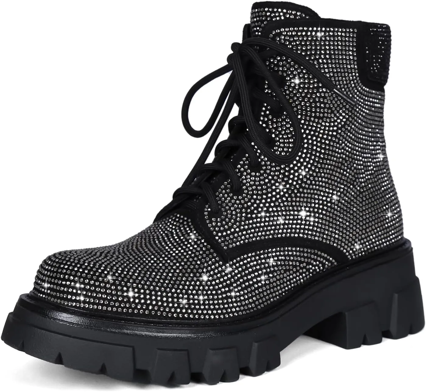 Wavyvigs Rhinestone Combat Boots Platform Chunky Heel Lace Up Ankle Boots Side Zipper