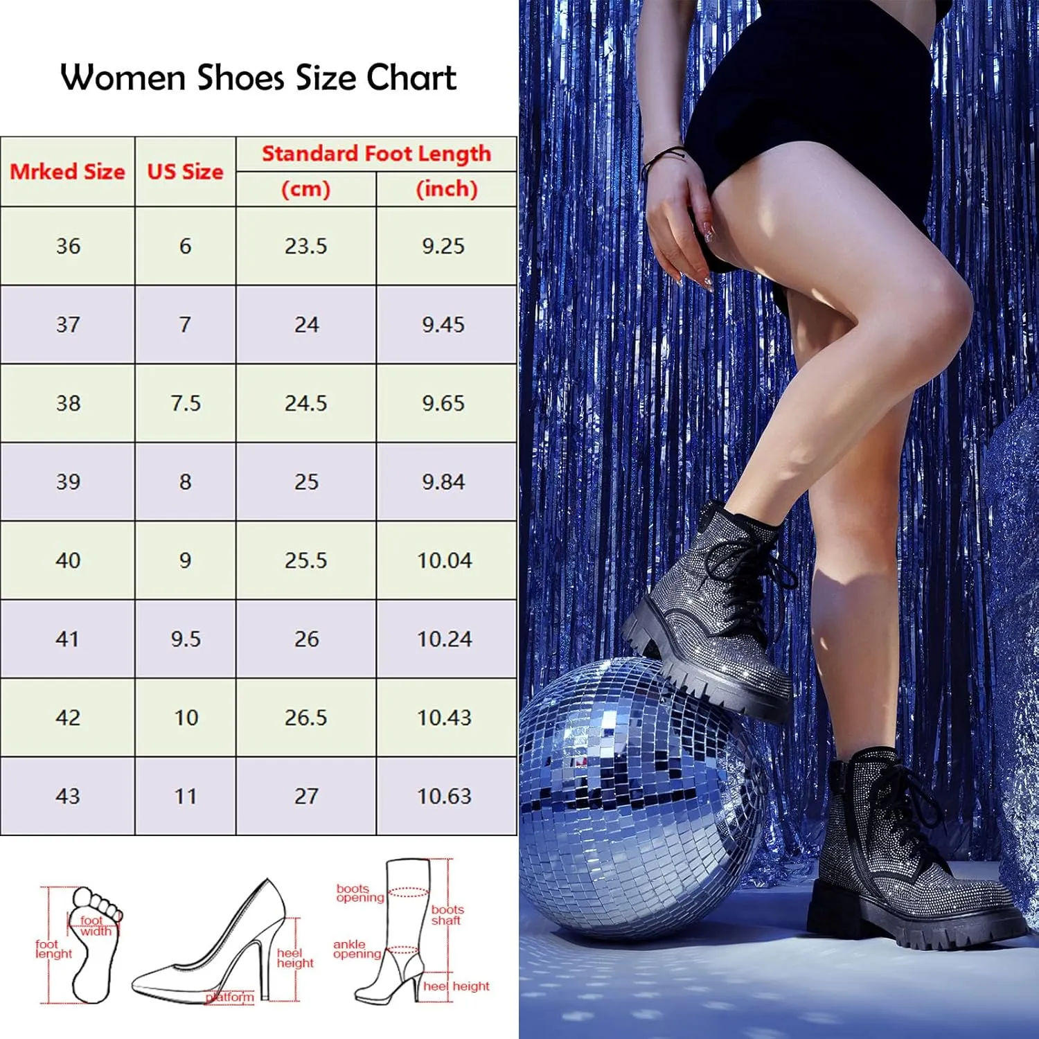 Wavyvigs Rhinestone Combat Boots Platform Chunky Heel Lace Up Ankle Boots Side Zipper