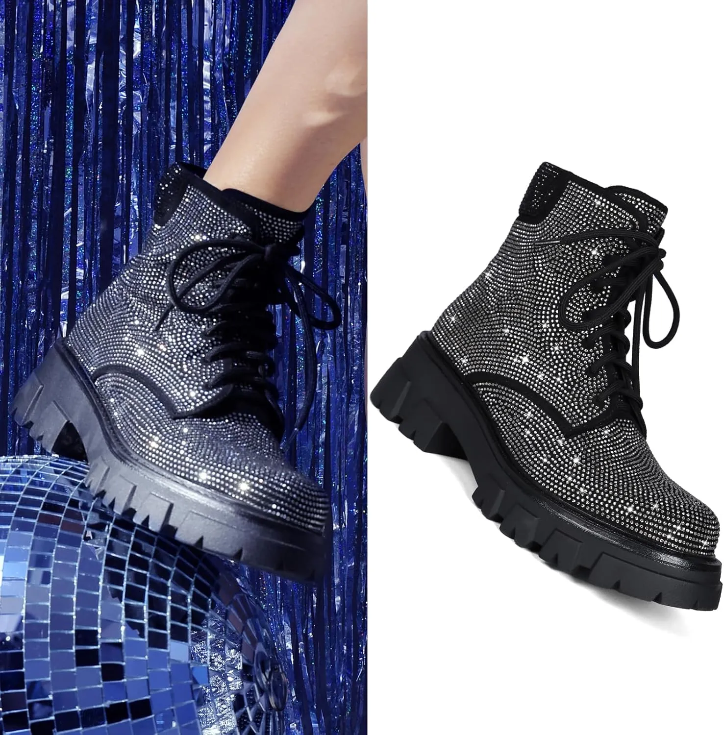 Wavyvigs Rhinestone Combat Boots Platform Chunky Heel Lace Up Ankle Boots Side Zipper