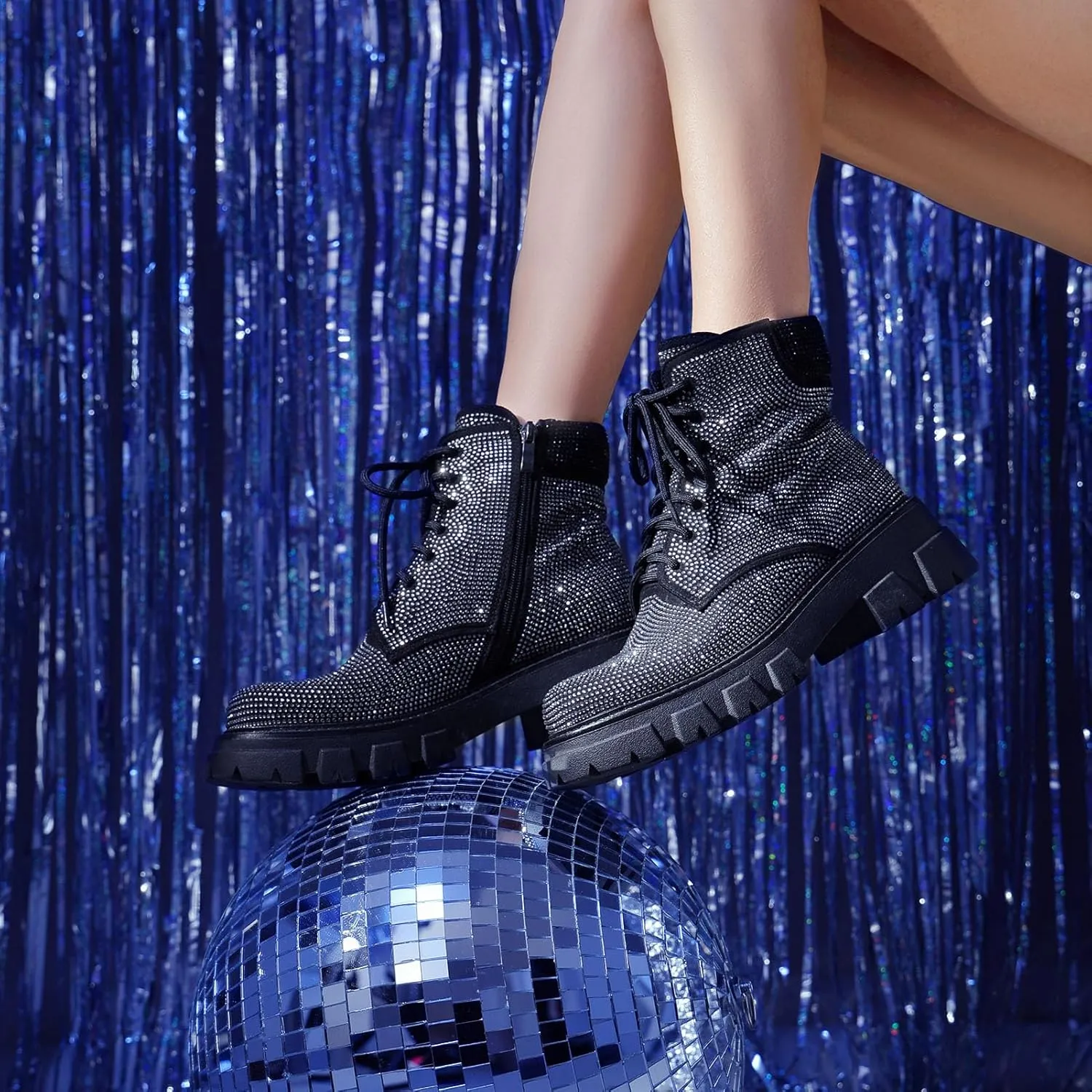 Wavyvigs Rhinestone Combat Boots Platform Chunky Heel Lace Up Ankle Boots Side Zipper