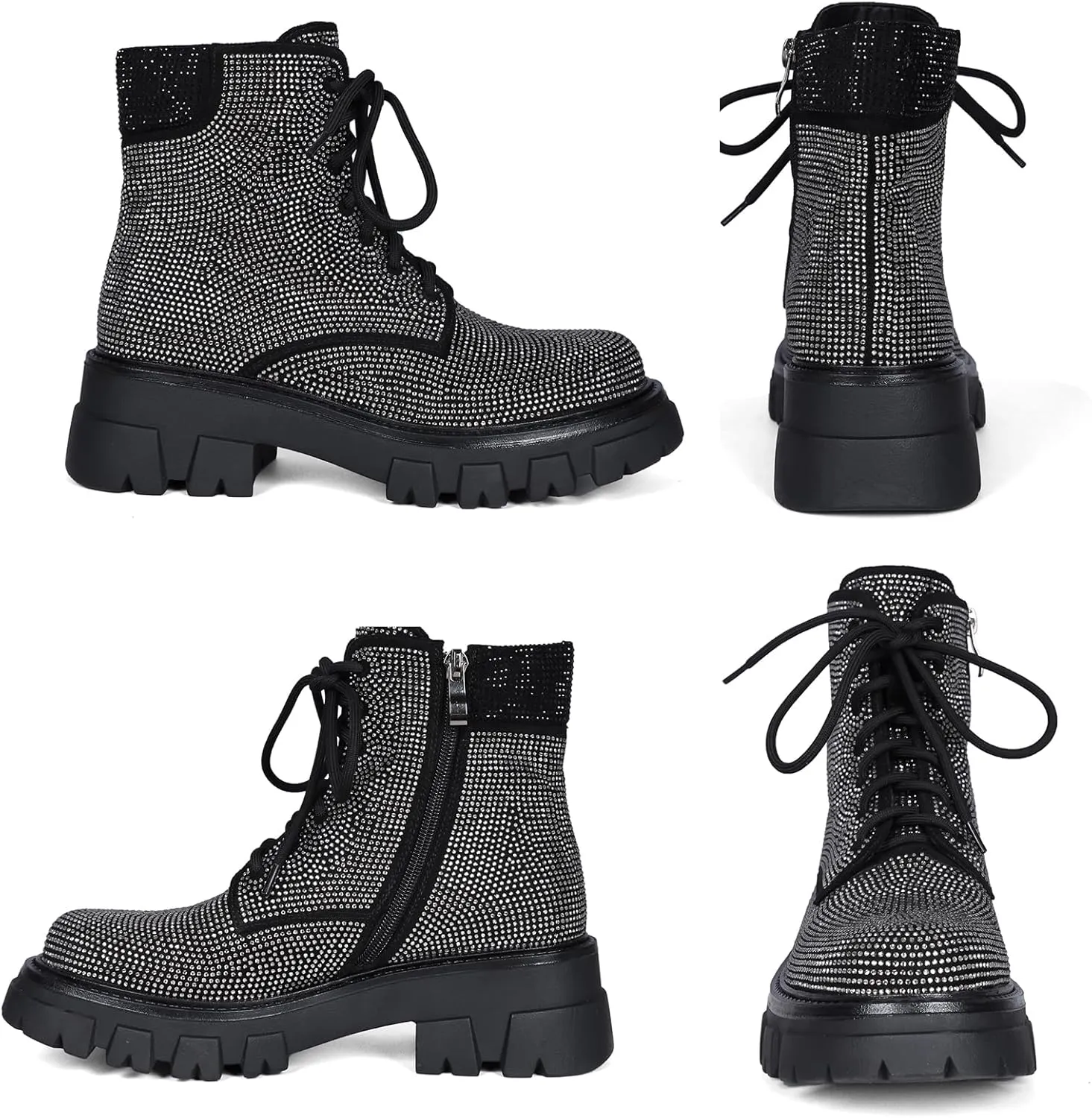 Wavyvigs Rhinestone Combat Boots Platform Chunky Heel Lace Up Ankle Boots Side Zipper