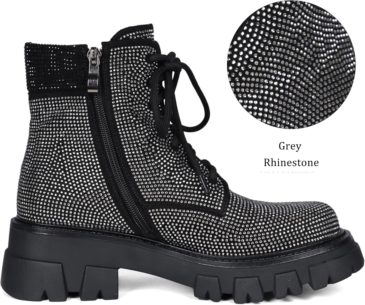 Wavyvigs Rhinestone Combat Boots Platform Chunky Heel Lace Up Ankle Boots Side Zipper