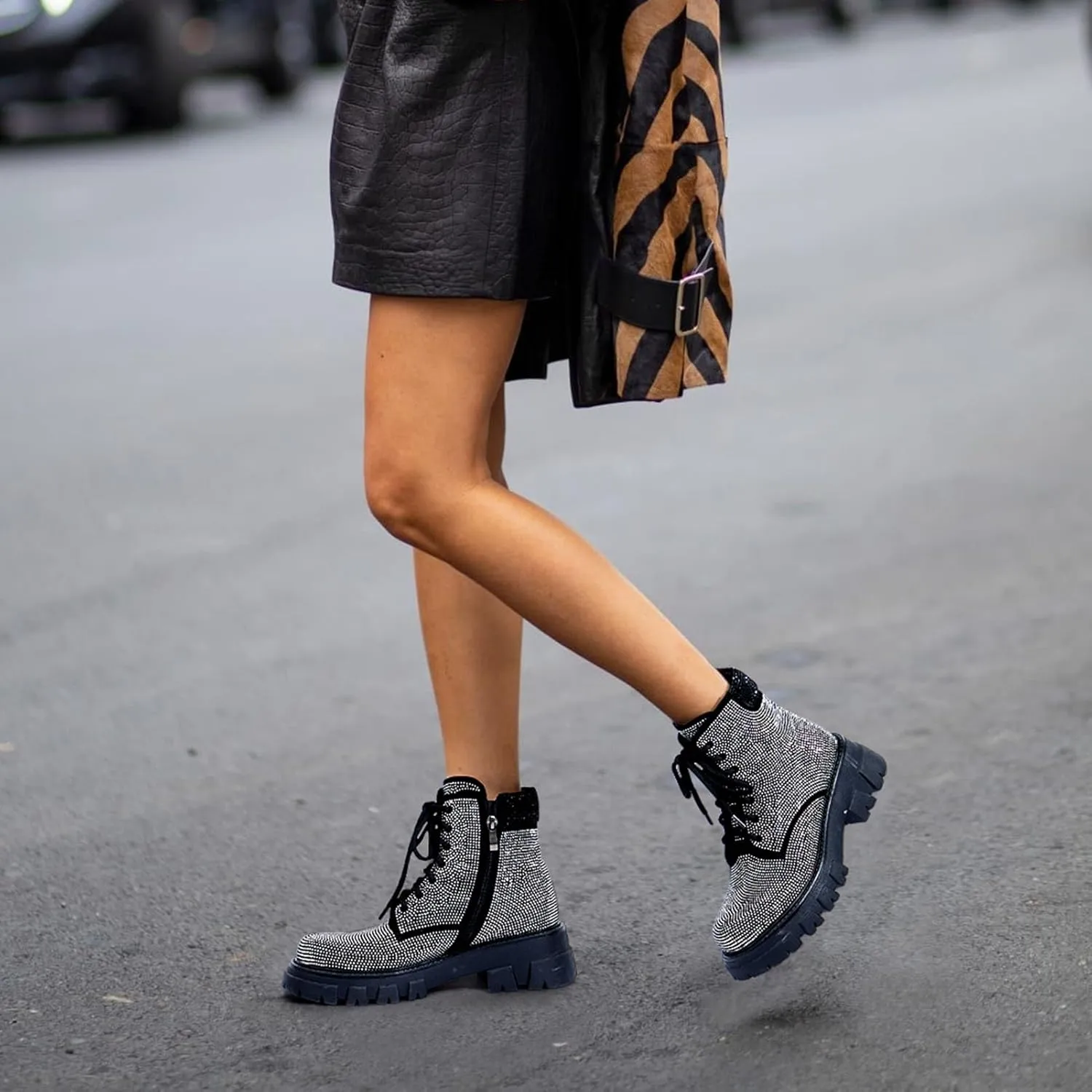 Wavyvigs Rhinestone Combat Boots Platform Chunky Heel Lace Up Ankle Boots Side Zipper