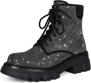Wavyvigs Rhinestone Combat Boots Platform Chunky Heel Lace Up Ankle Boots Side Zipper