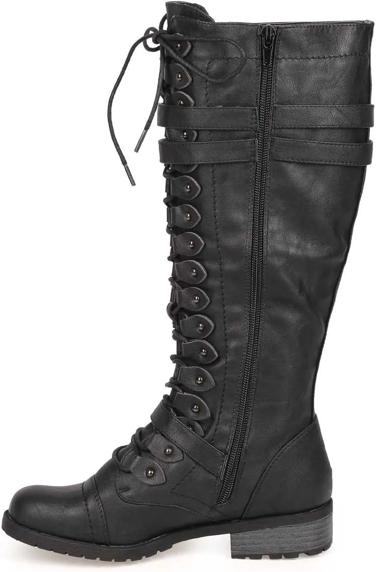 WEST COAST Women's Knee High Riding Boots Lace Up Buckles Winter Combat Boots