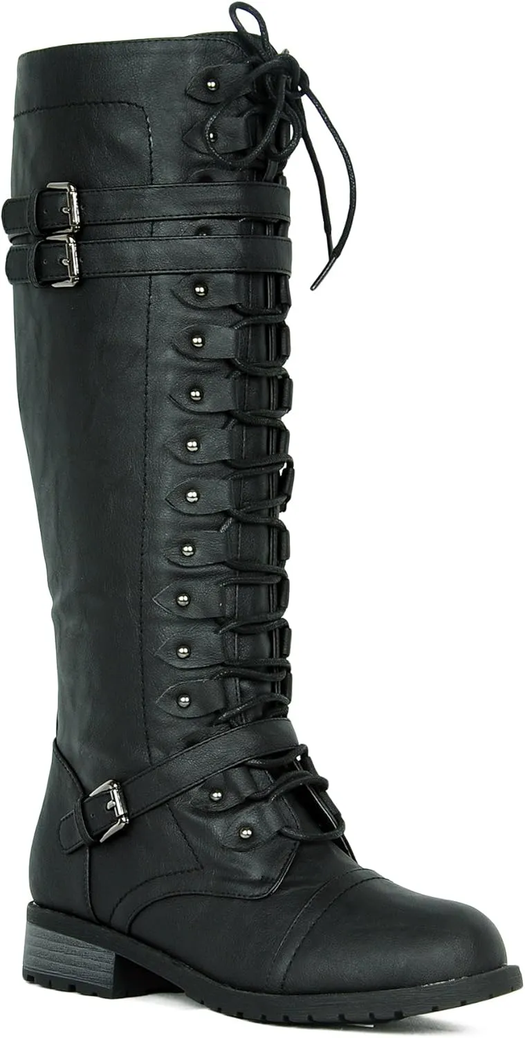 WEST COAST Women's Knee High Riding Boots Lace Up Buckles Winter Combat Boots