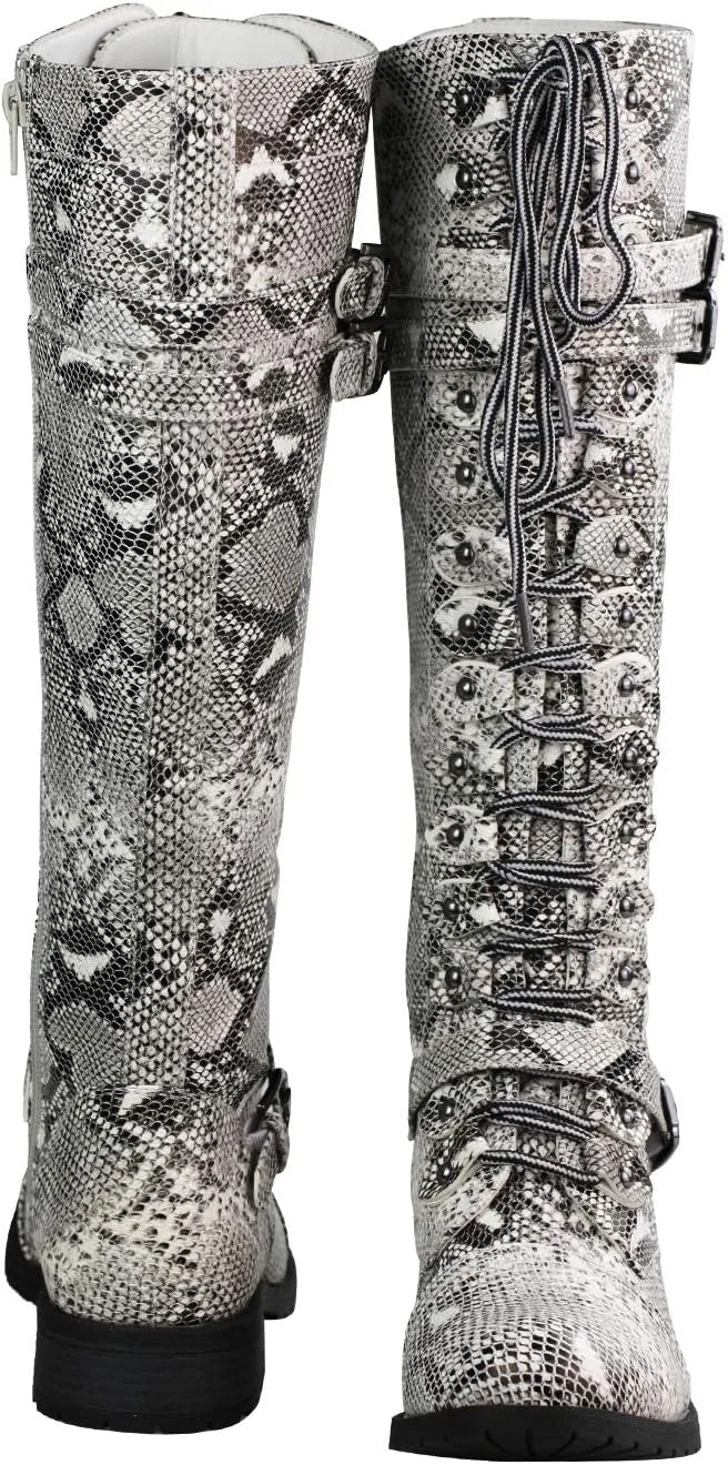 WEST COAST Women's Knee High Riding Boots Lace Up Buckles Winter Combat Boots