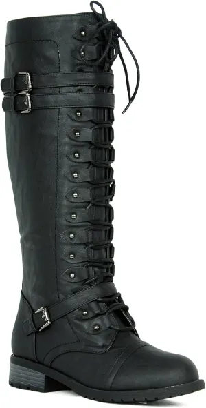 WEST COAST Women's Knee High Riding Boots Lace Up Buckles Winter Combat Boots