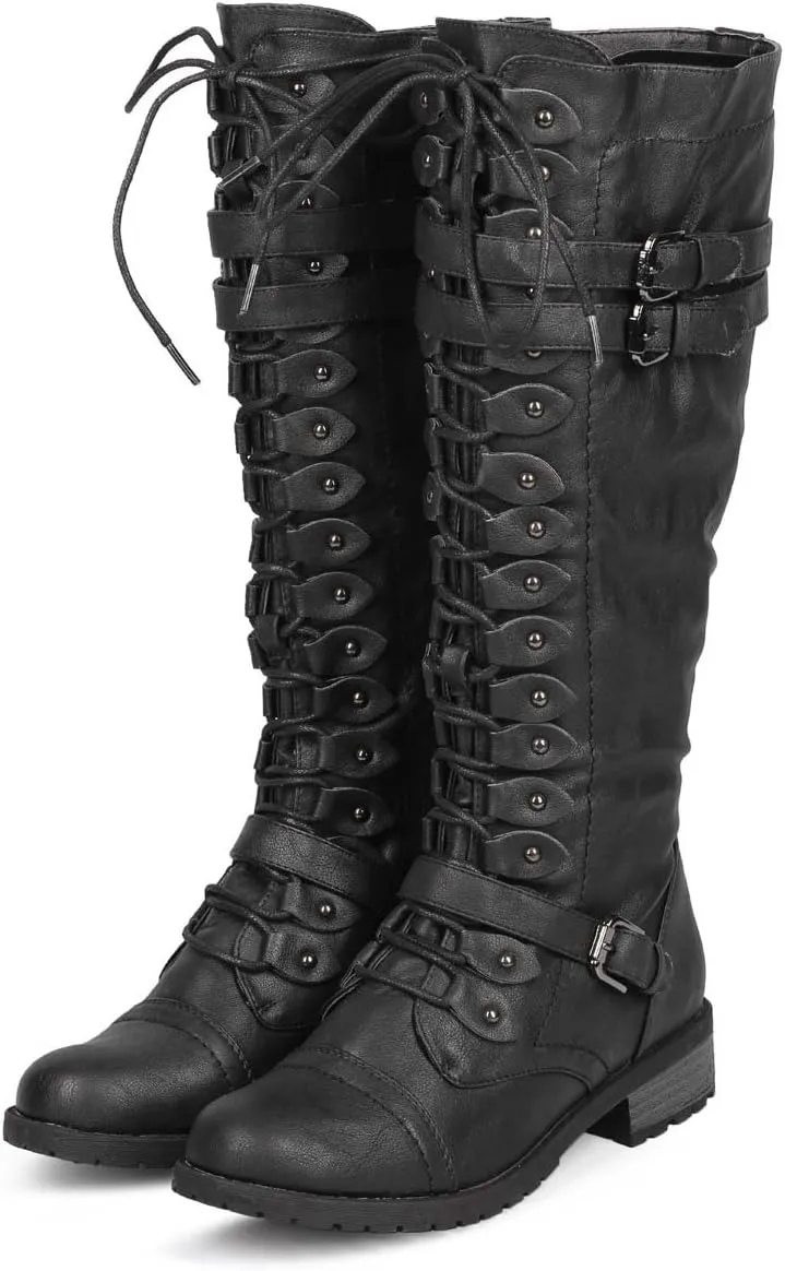 WEST COAST Women's Knee High Riding Boots Lace Up Buckles Winter Combat Boots