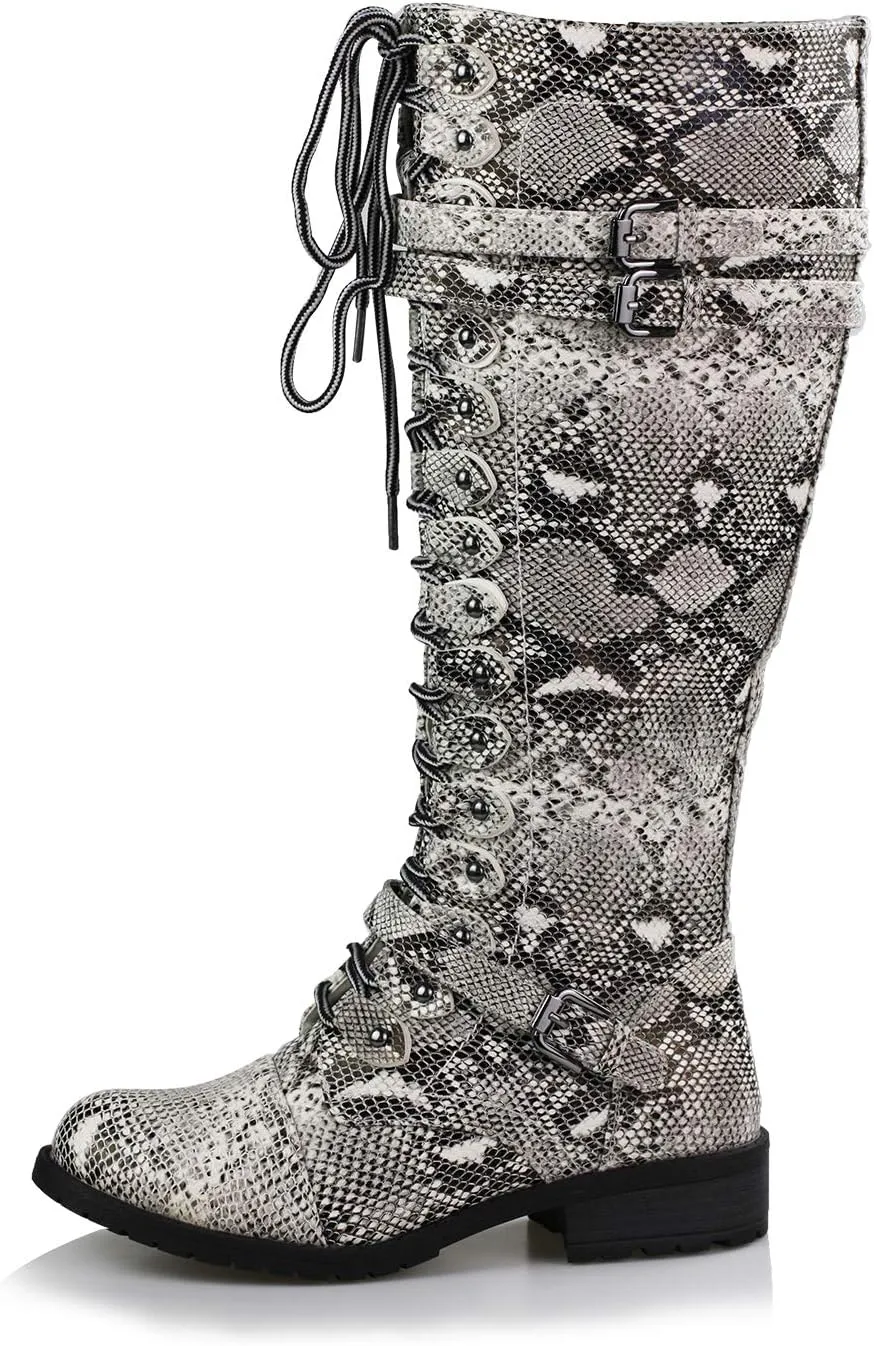 WEST COAST Women's Knee High Riding Boots Lace Up Buckles Winter Combat Boots