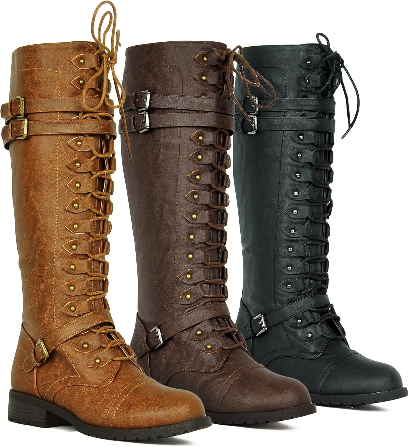 WEST COAST Women's Knee High Riding Boots Lace Up Buckles Winter Combat Boots