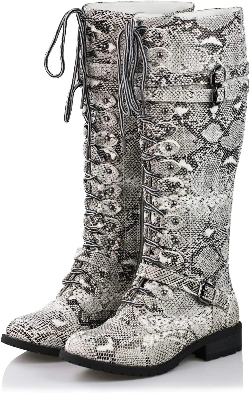WEST COAST Women's Knee High Riding Boots Lace Up Buckles Winter Combat Boots