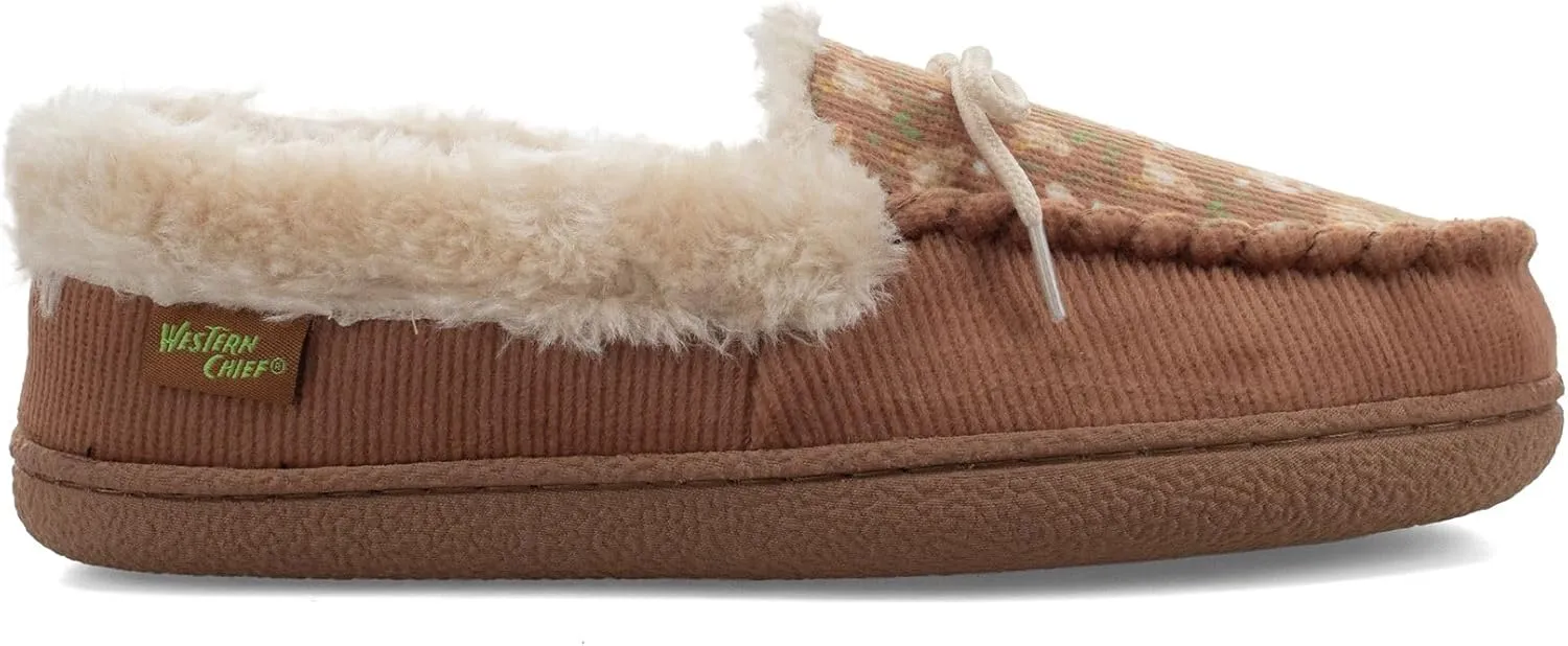 Western Chief Women's Elaine Slippers – Cozy Faux Fur Lining, Stylish Stitched Lace Detail for Indoor, Moccasin Slip-On Loafers Womens Shoes