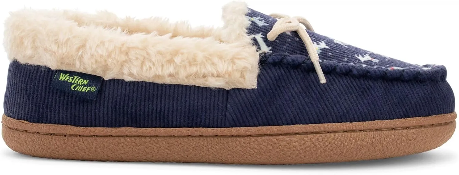 Western Chief Women's Elaine Slippers – Cozy Faux Fur Lining, Stylish Stitched Lace Detail for Indoor, Moccasin Slip-On Loafers Womens Shoes