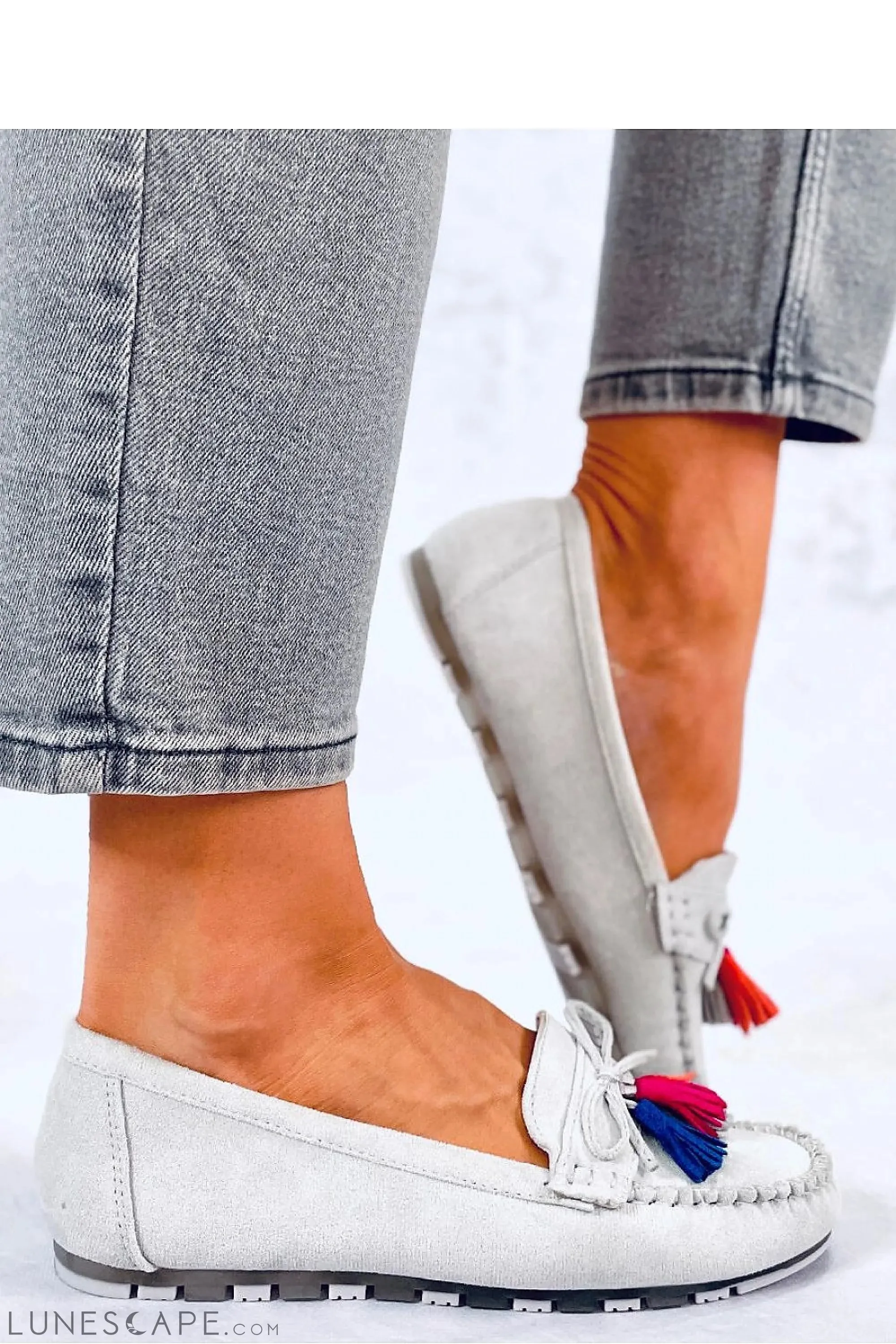 White Leather Moccasins with Red & Blue Tassels and Flexible Sole