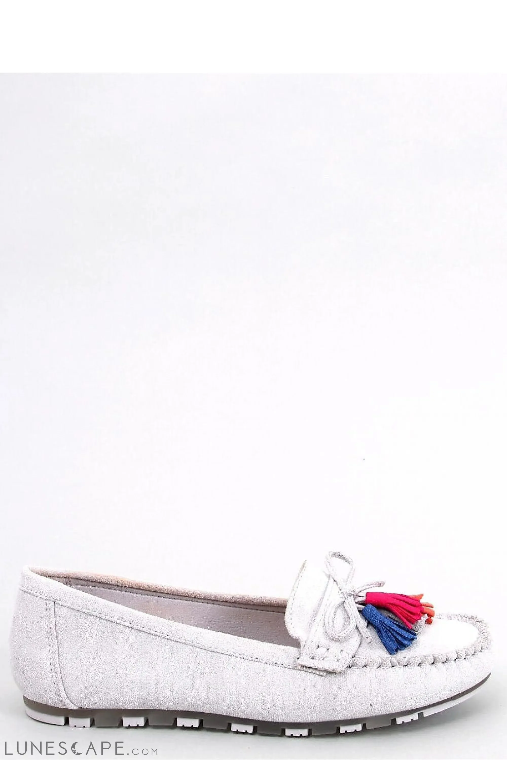 White Leather Moccasins with Red & Blue Tassels and Flexible Sole