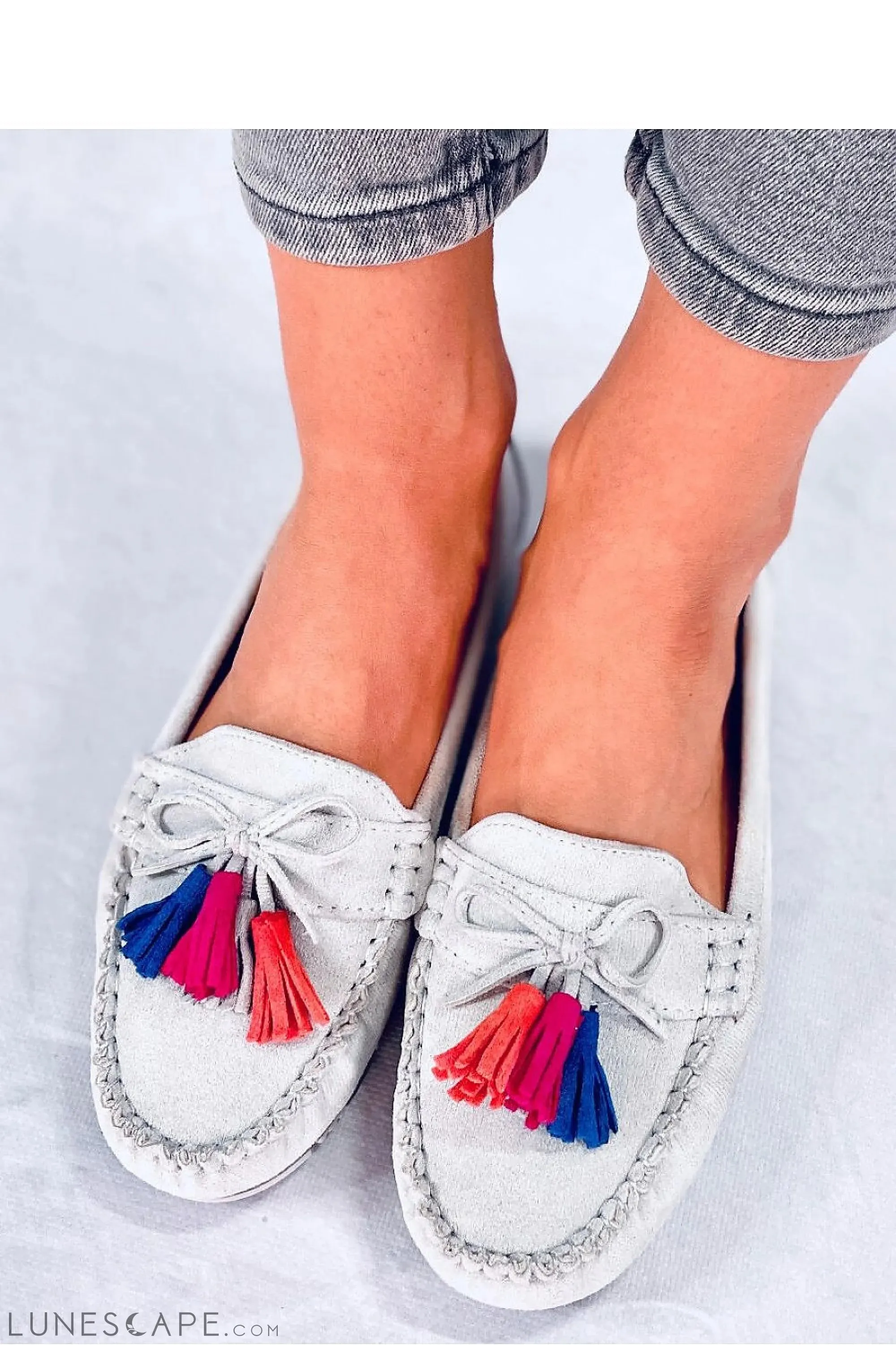 White Leather Moccasins with Red & Blue Tassels and Flexible Sole