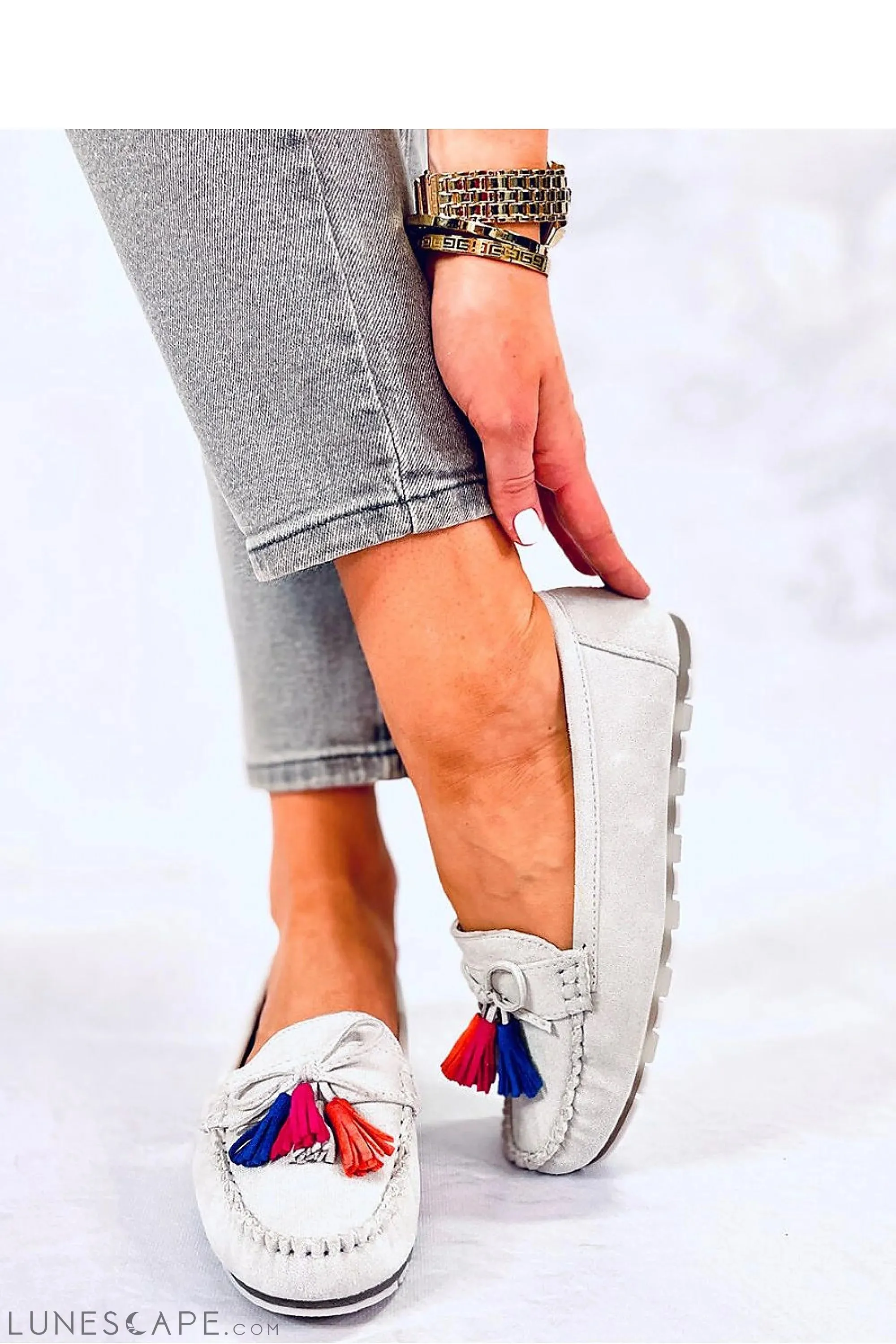 White Leather Moccasins with Red & Blue Tassels and Flexible Sole
