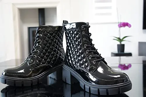 Women Boots Patent Zip Chunky Black A9015