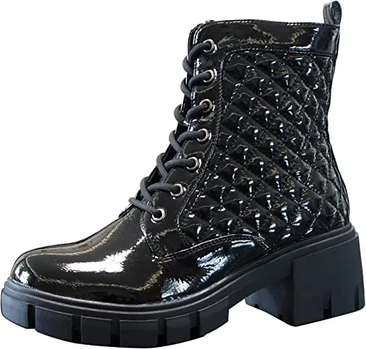 Women Boots Patent Zip Chunky Black A9015