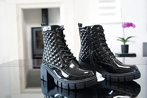 Women Boots Patent Zip Chunky Black A9015