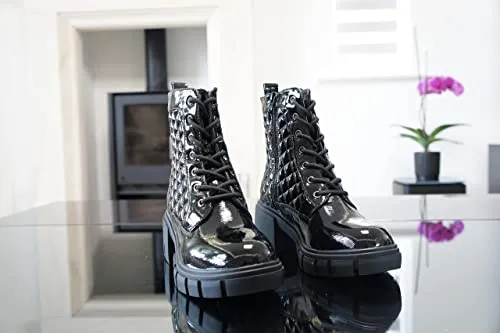 Women Boots Patent Zip Chunky Black A9015