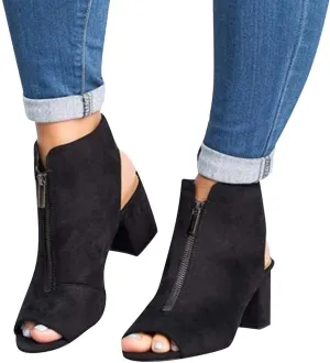Women's Chunky Heel Peep Toe Boots Ladies Fashion Slingback Sandals Low Heeled Block Booties Summer Suede Sandals Shoes