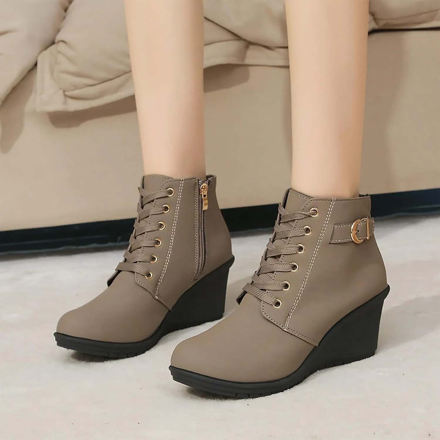 Womens Clasical Ankle Booties Lace-Up Zipper Breathable Lining Flat Ankle Combat Boots Crown Vintage Boots Shoes