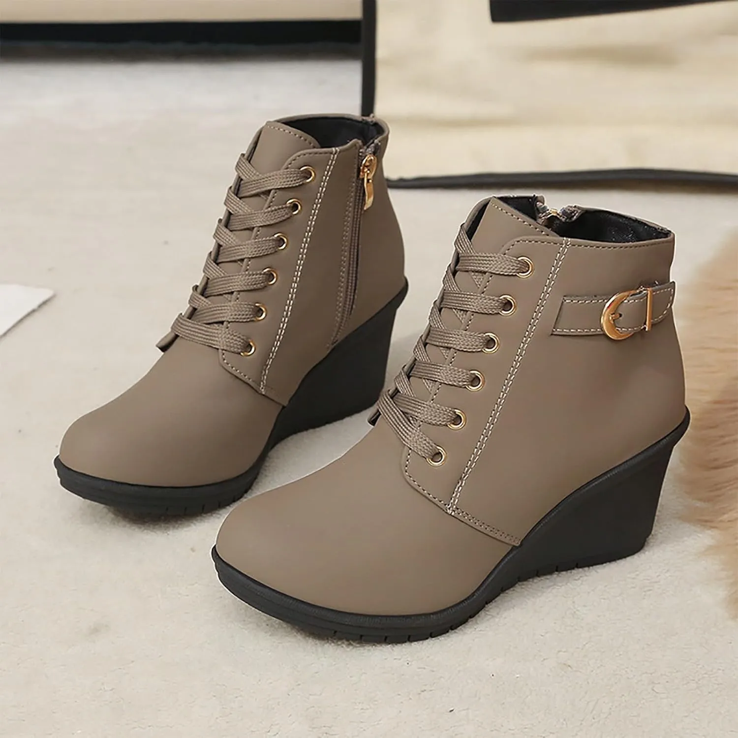 Womens Clasical Ankle Booties Lace-Up Zipper Breathable Lining Flat Ankle Combat Boots Crown Vintage Boots Shoes