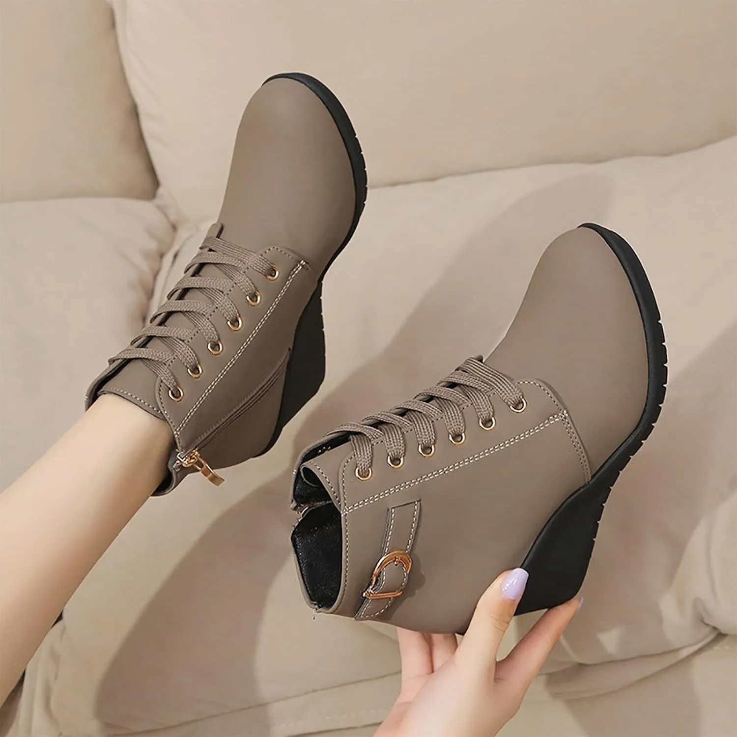 Womens Clasical Ankle Booties Lace-Up Zipper Breathable Lining Flat Ankle Combat Boots Crown Vintage Boots Shoes