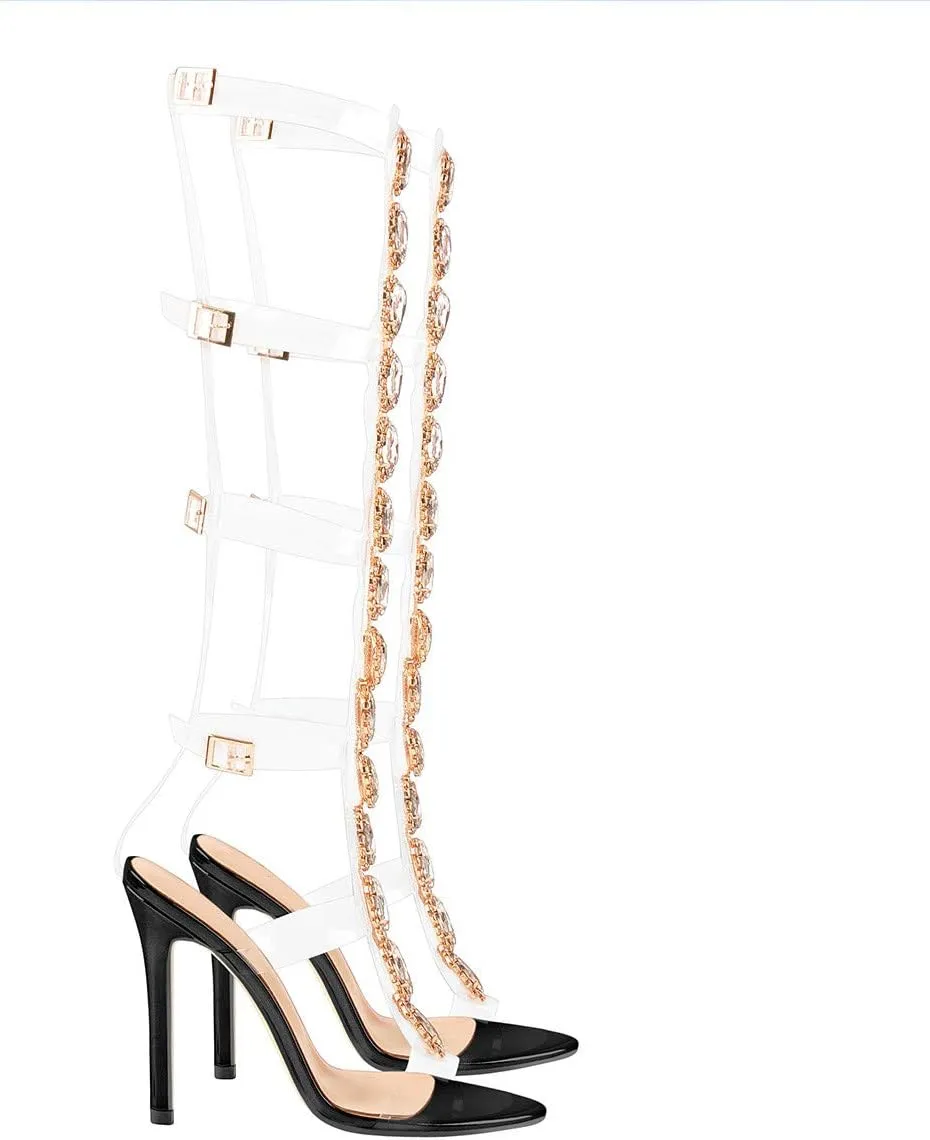 Women's Clear Strappy Gladiator Heels Rhinestones Stiletto Heels Ankle Strap Sandals