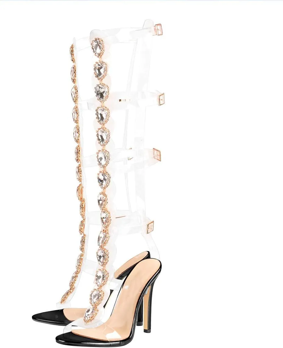 Women's Clear Strappy Gladiator Heels Rhinestones Stiletto Heels Ankle Strap Sandals