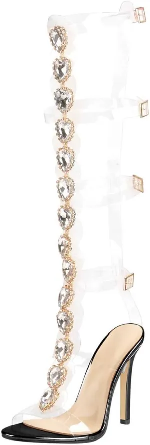 Women's Clear Strappy Gladiator Heels Rhinestones Stiletto Heels Ankle Strap Sandals