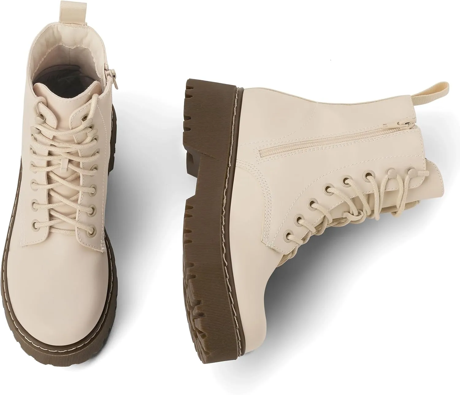 Women's Combat Ankle Boots Lace up Platform Lug Sole Chunky Low Heel Booties with Side Zipper