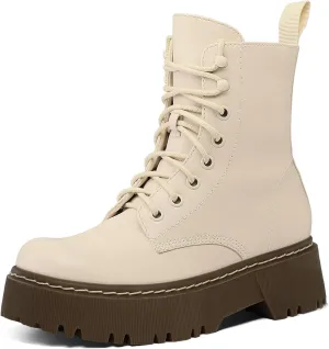 Women's Combat Ankle Boots Lace up Platform Lug Sole Chunky Low Heel Booties with Side Zipper