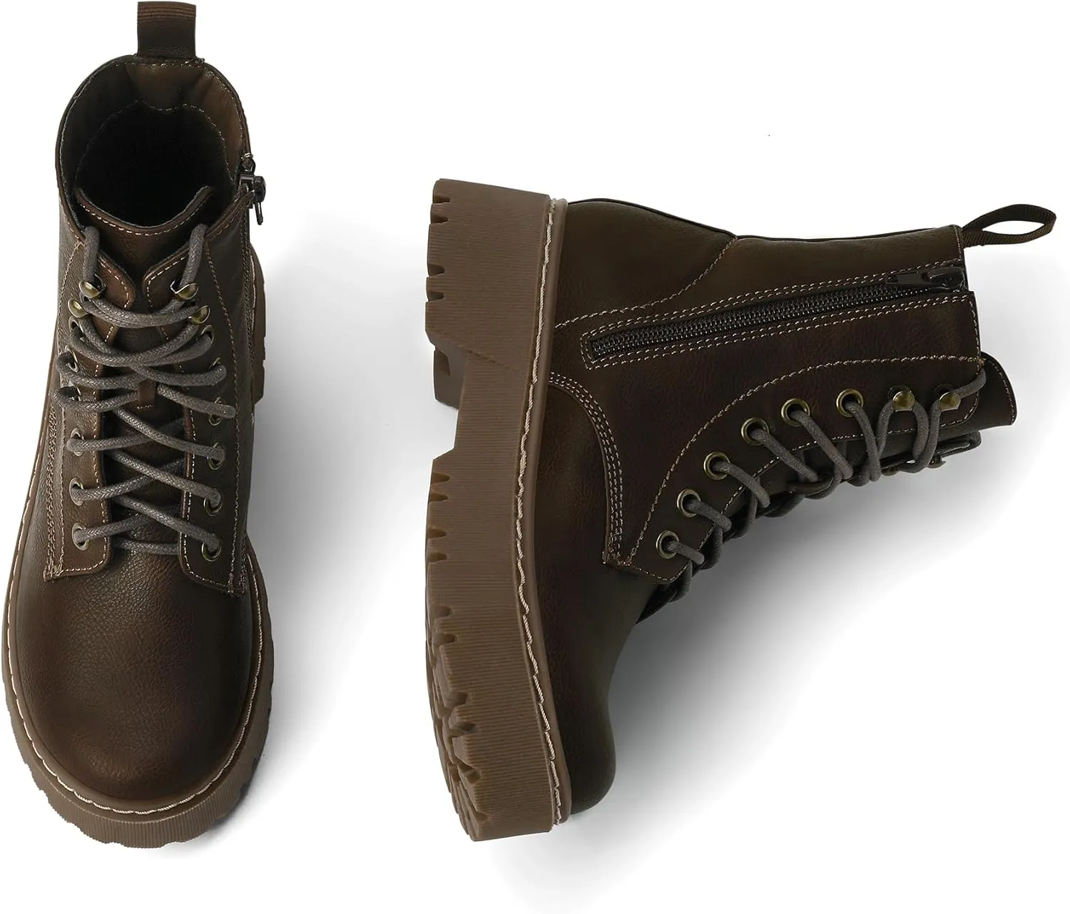 Women's Combat Ankle Boots Lace up Platform Lug Sole Chunky Low Heel Booties with Side Zipper
