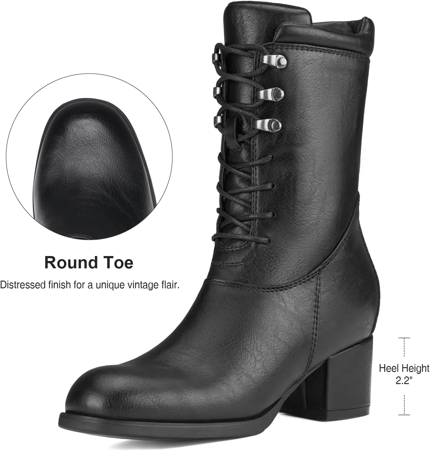 Women's Combat Boots Lace up Mid Calf Boots Side Zipper Chunky Heel Military Boots for Women