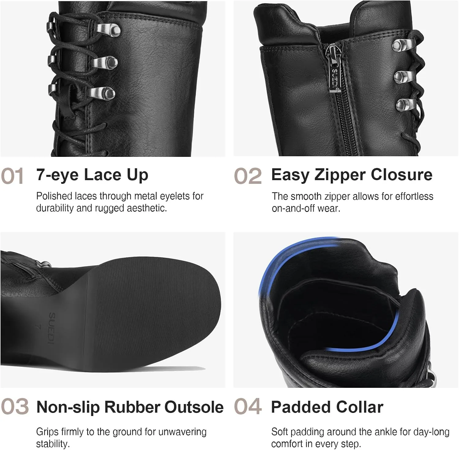 Women's Combat Boots Lace up Mid Calf Boots Side Zipper Chunky Heel Military Boots for Women