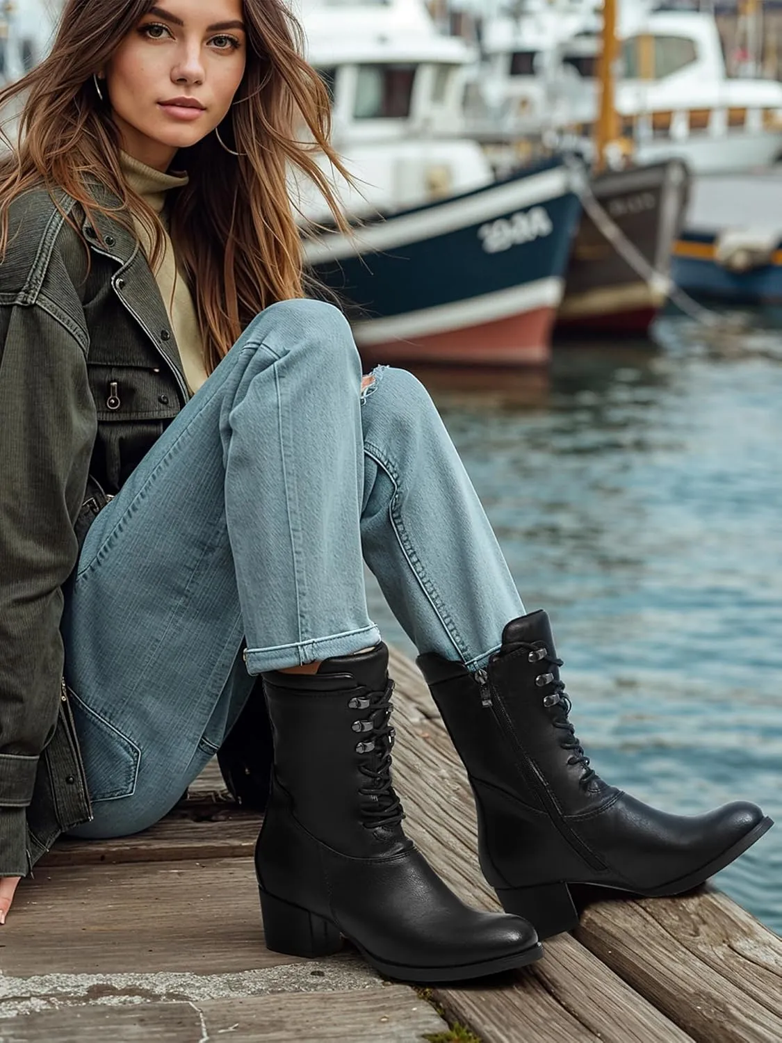 Women's Combat Boots Lace up Mid Calf Boots Side Zipper Chunky Heel Military Boots for Women