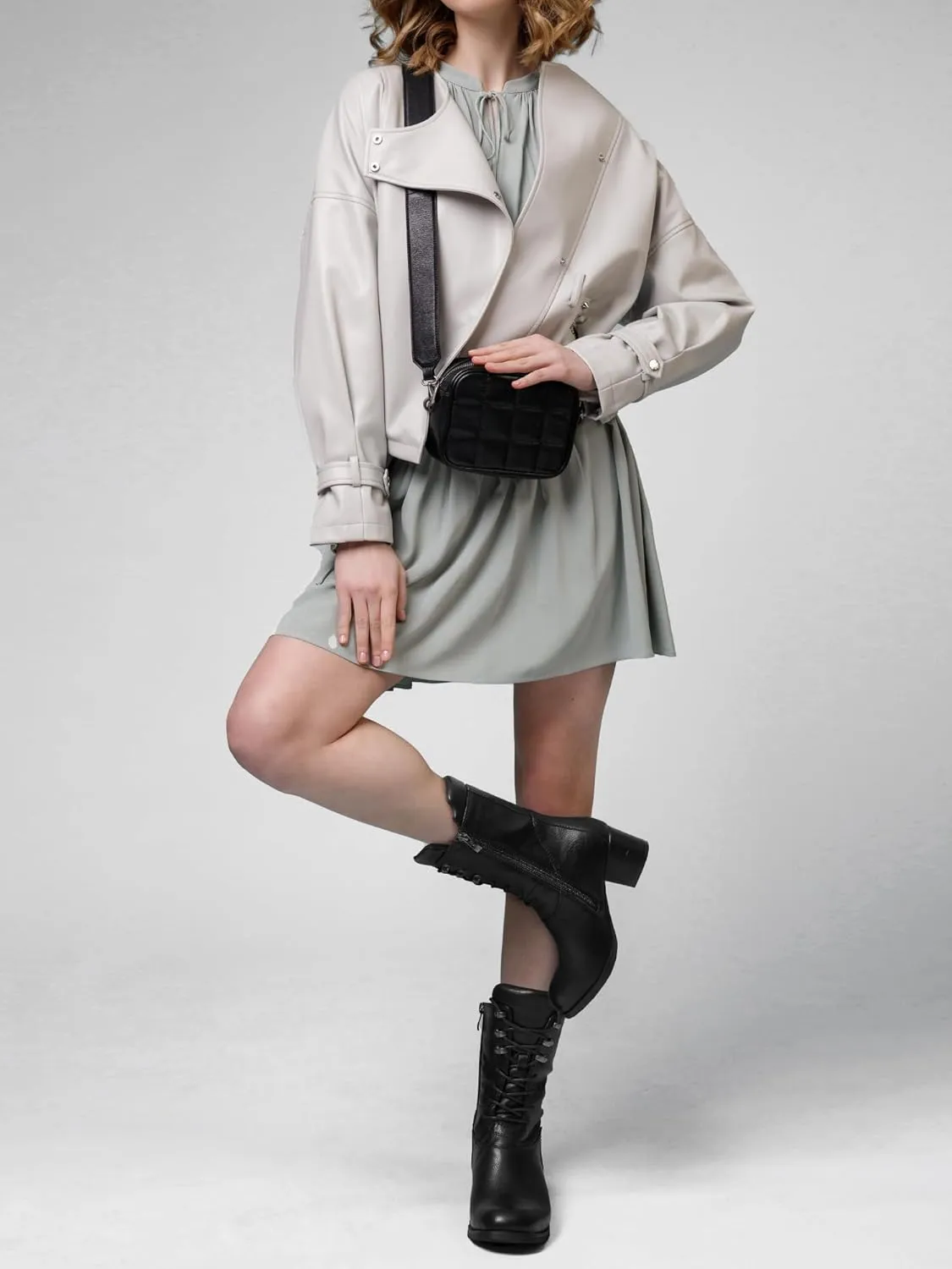 Women's Combat Boots Lace up Mid Calf Boots Side Zipper Chunky Heel Military Boots for Women