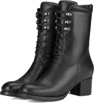 Women's Combat Boots Lace up Mid Calf Boots Side Zipper Chunky Heel Military Boots for Women