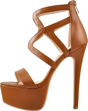 Women's Crisscross Platform Gladiator Peep Open Toe Ankle Starp Cut Out Stilettos High Heels Sandals with Zipper