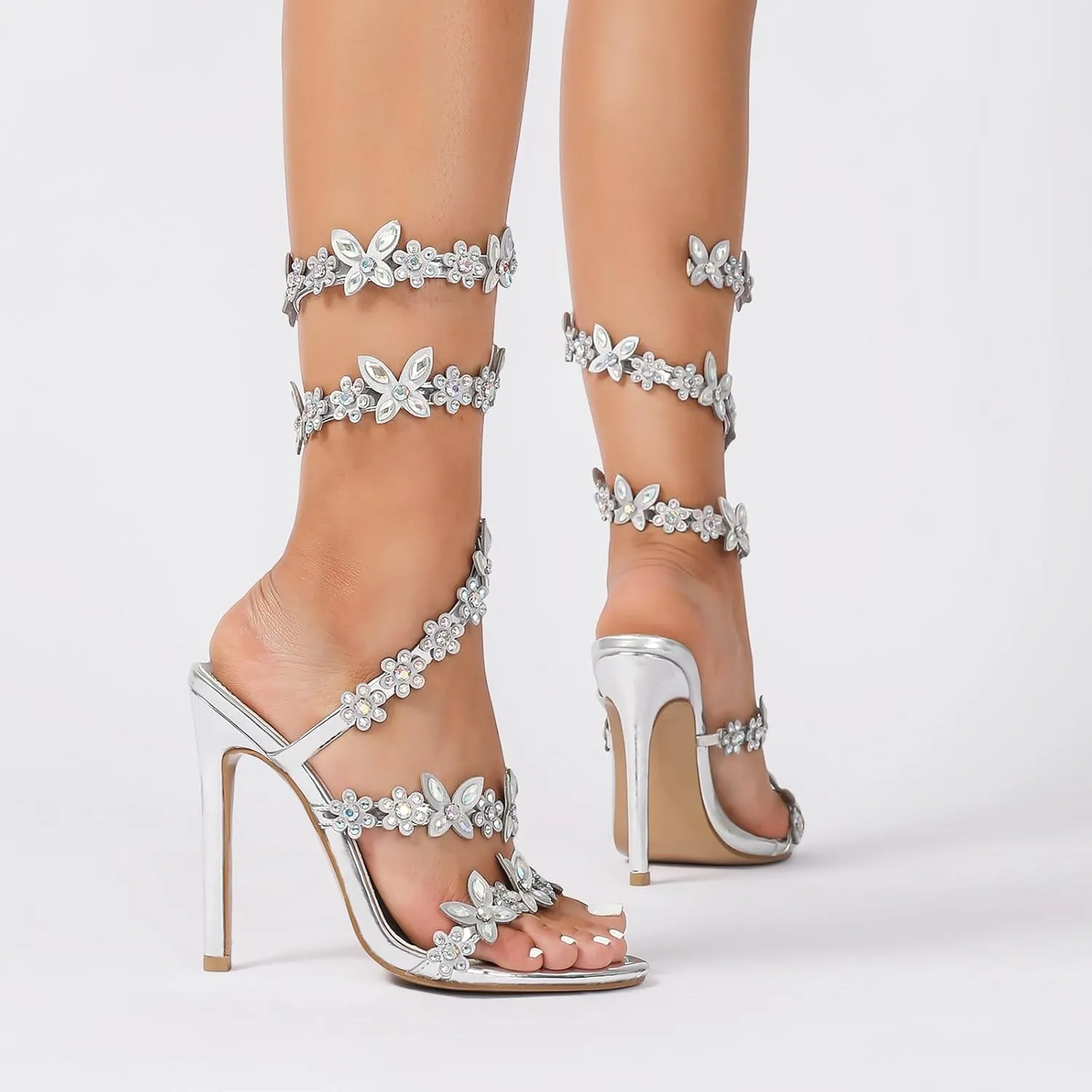 Women's Diamante High Heels Sparkly Spiral Strap Heeled Sandals