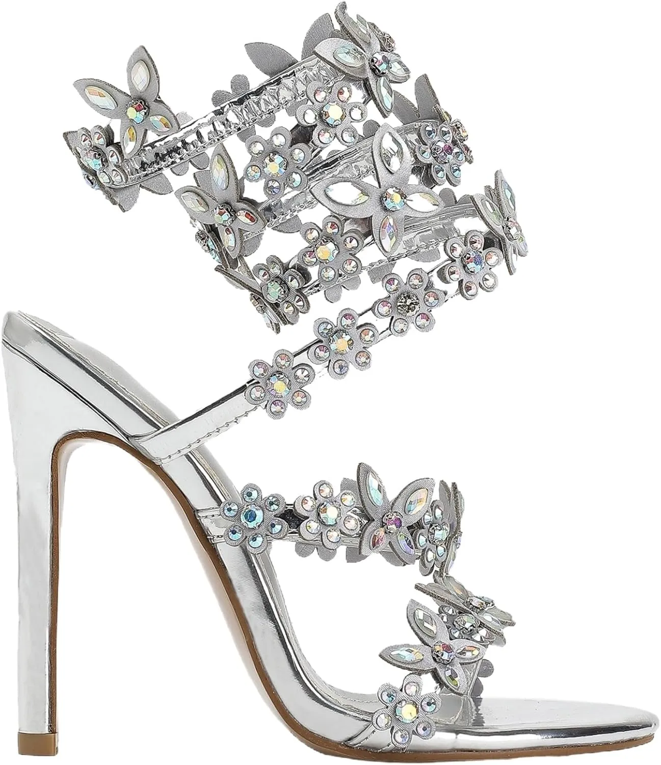Women's Diamante High Heels Sparkly Spiral Strap Heeled Sandals