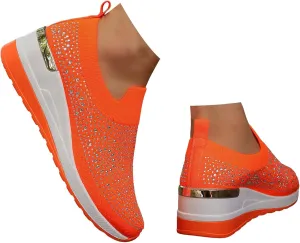 Women's Fashion Glitter Sneakers Platform Wedge Shoes Sparkly Rhinestone Mesh Slip-on Sneakers Breathable Spakle Shoes