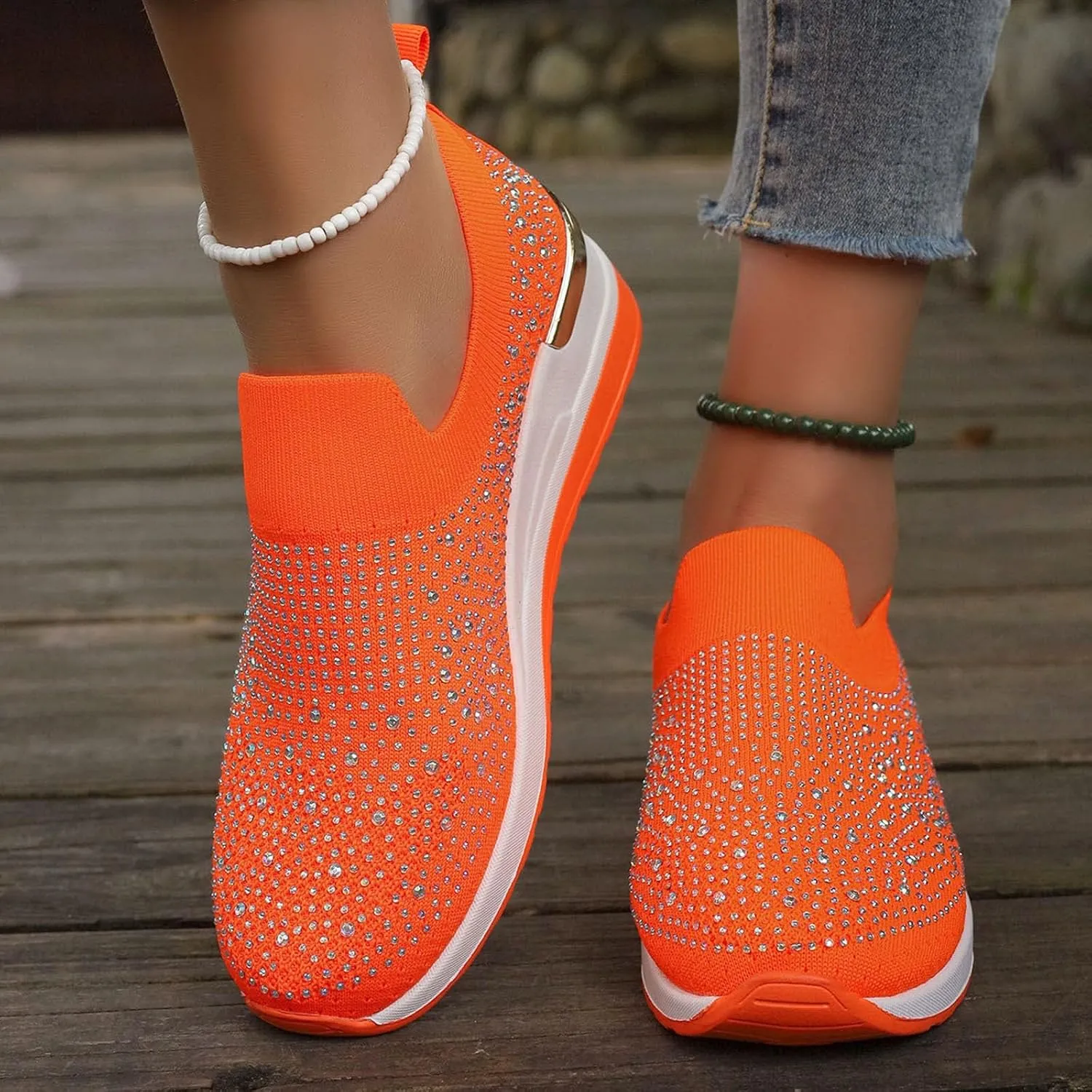 Women's Fashion Glitter Sneakers Platform Wedge Shoes Sparkly Rhinestone Mesh Slip-on Sneakers Breathable Spakle Shoes