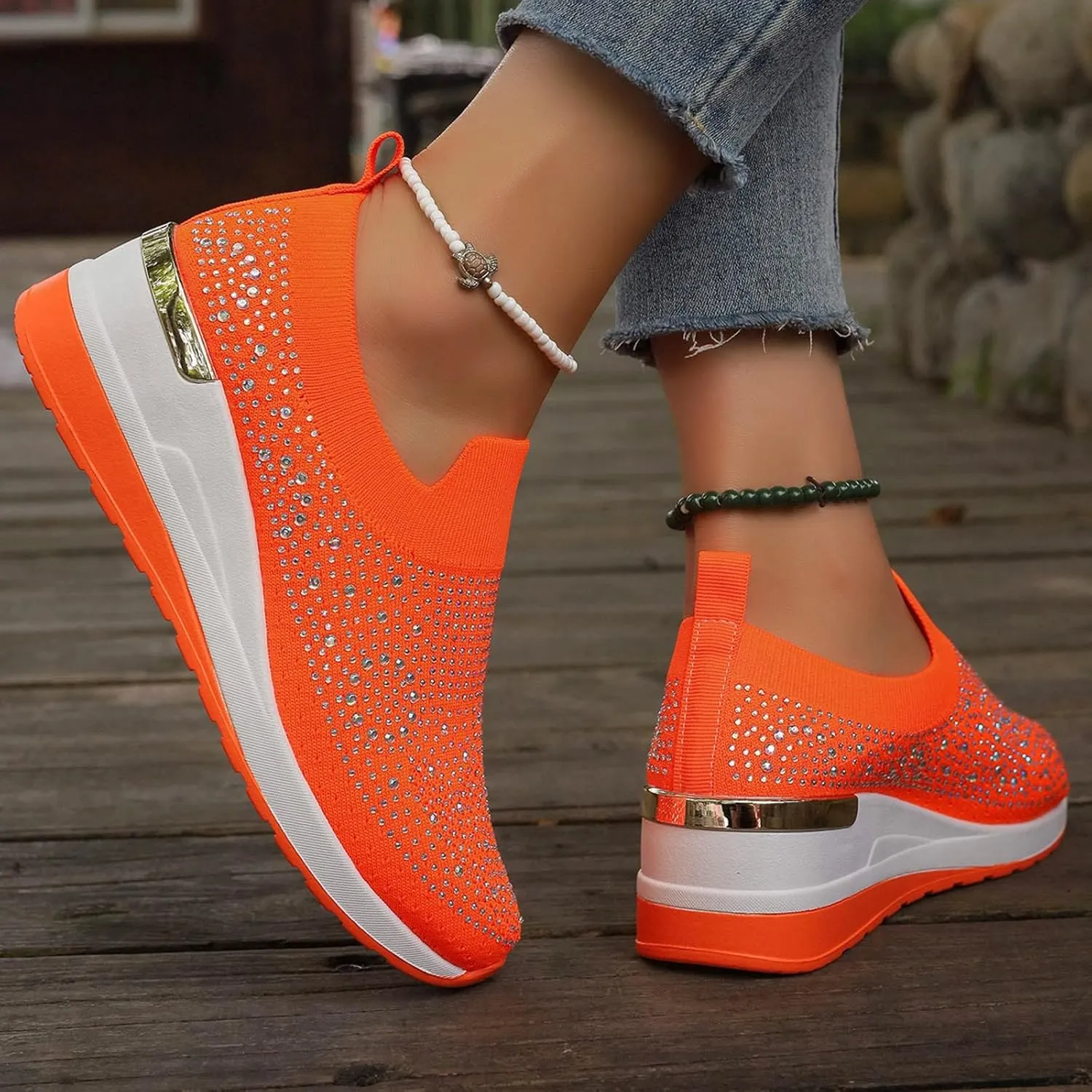 Women's Fashion Glitter Sneakers Platform Wedge Shoes Sparkly Rhinestone Mesh Slip-on Sneakers Breathable Spakle Shoes
