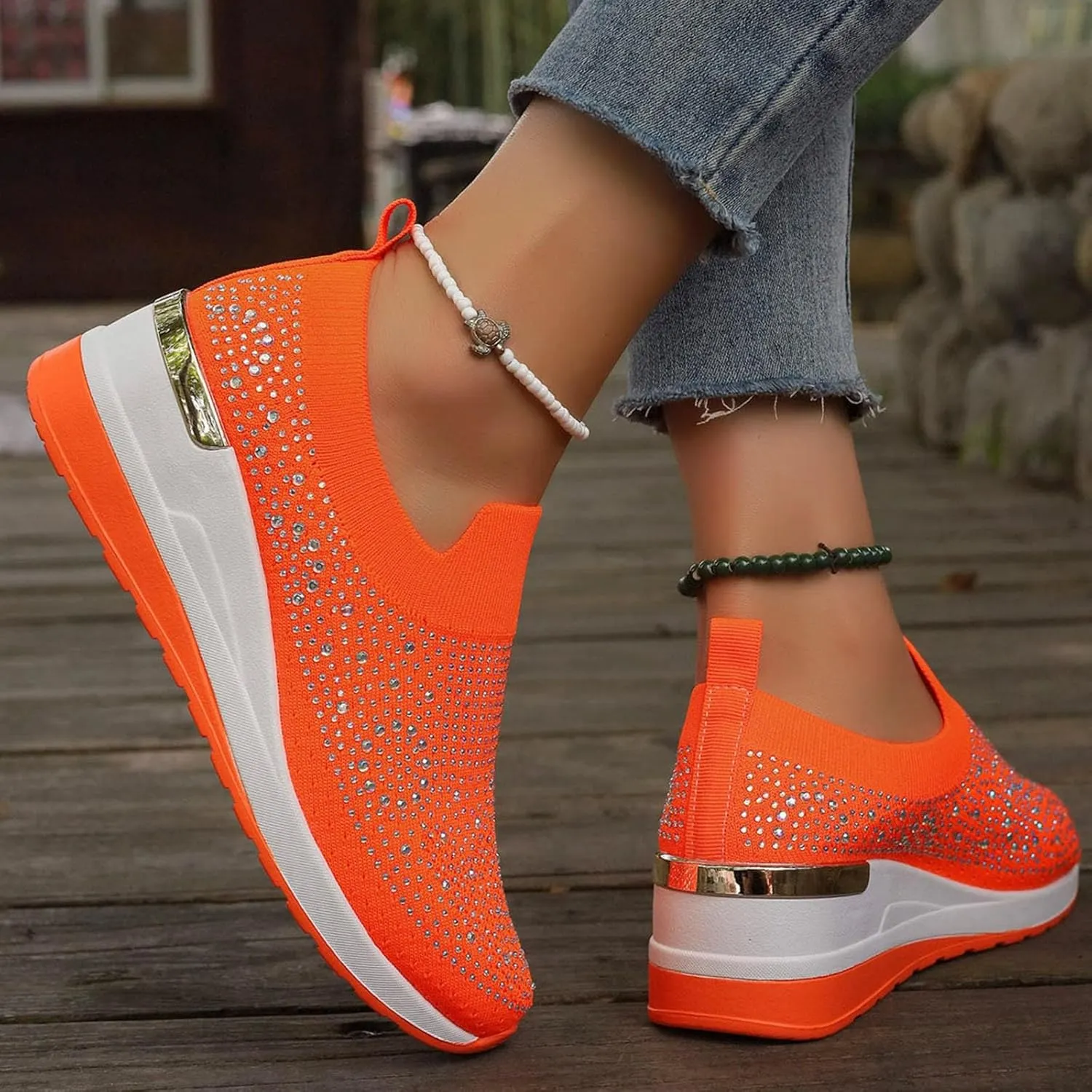 Women's Fashion Glitter Sneakers Platform Wedge Shoes Sparkly Rhinestone Mesh Slip-on Sneakers Breathable Spakle Shoes